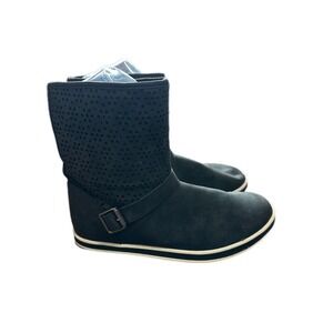 Black Faux Suede Perforated Detail Mid‎ Calf Boots Buckle Accent